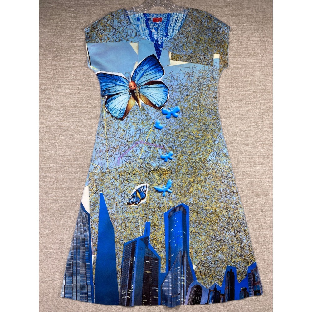 ANIMAPOP Reversible Shift Dress Womens Medium Blue Butterfly City Skyline Print